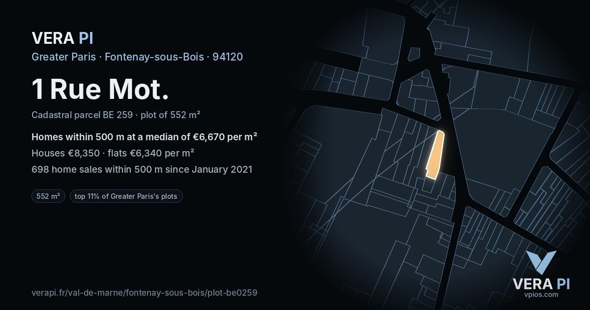 1 Rue Mot, Fontenay-sous-Bois at night – the plot lit, the parcels around coloured by the prices near them