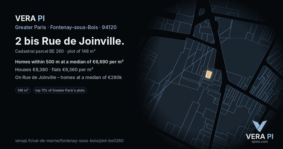 2 bis Rue de Joinville, Fontenay-sous-Bois at night – the plot lit, the parcels around coloured by the prices near them