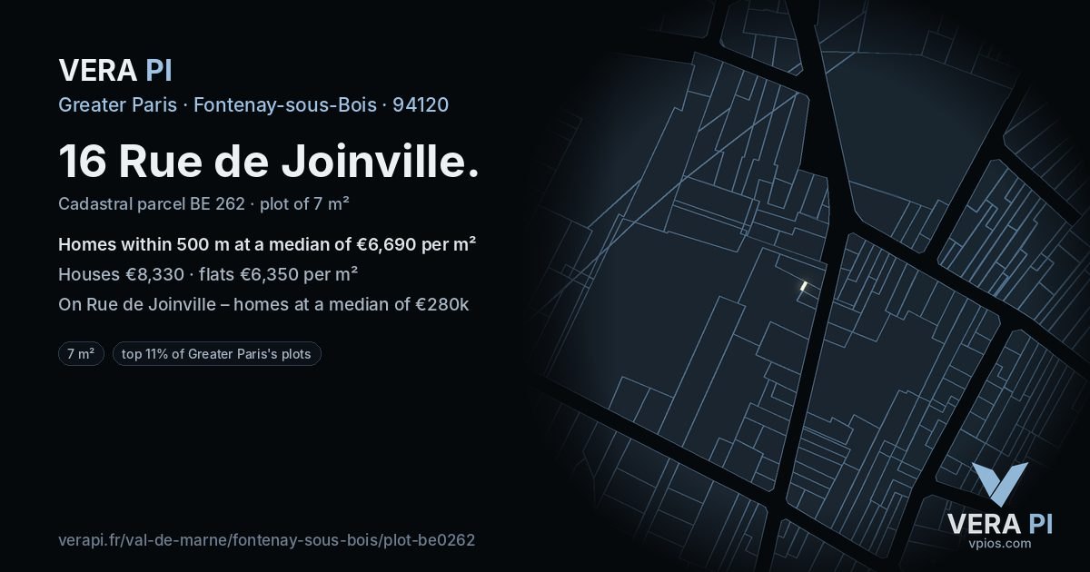 16 Rue de Joinville, Fontenay-sous-Bois at night – the plot lit, the parcels around coloured by the prices near them