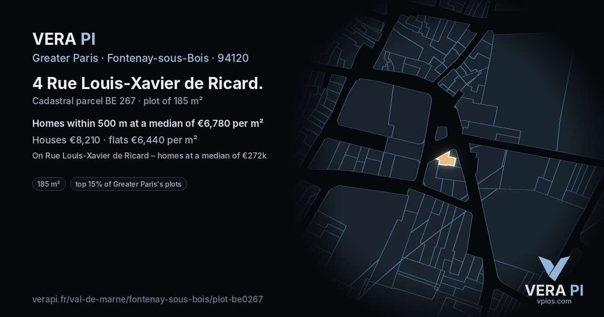 4 Rue Louis-Xavier de Ricard, Fontenay-sous-Bois at night – the plot lit, the parcels around coloured by the prices near them