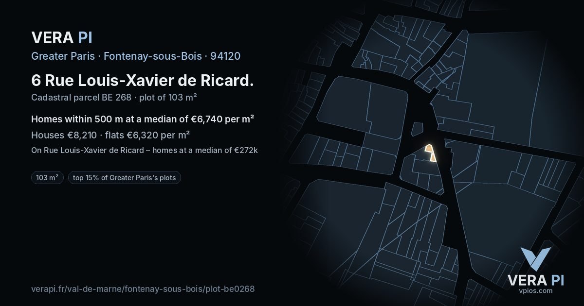 6 Rue Louis-Xavier de Ricard, Fontenay-sous-Bois at night – the plot lit, the parcels around coloured by the prices near them