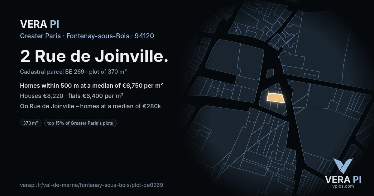 2 Rue de Joinville, Fontenay-sous-Bois at night – the plot lit, the parcels around coloured by the prices near them
