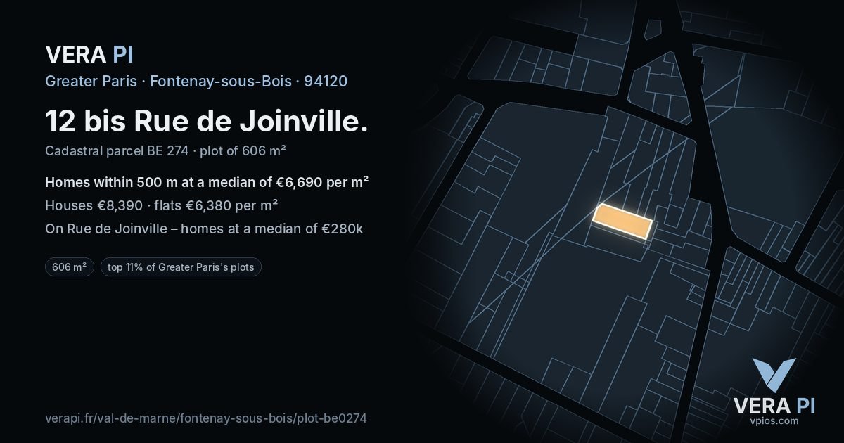12 bis Rue de Joinville, Fontenay-sous-Bois at night – the plot lit, the parcels around coloured by the prices near them