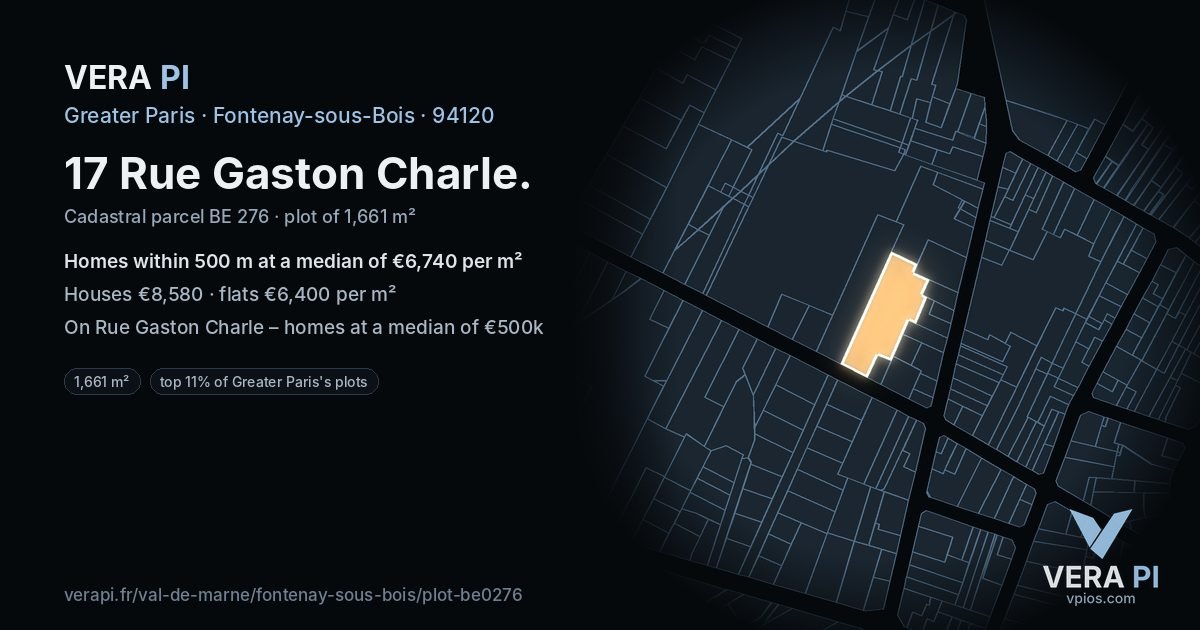 17 Rue Gaston Charle, Fontenay-sous-Bois at night – the plot lit, the parcels around coloured by the prices near them