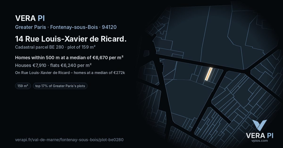 14 Rue Louis-Xavier de Ricard, Fontenay-sous-Bois at night – the plot lit, the parcels around coloured by the prices near them