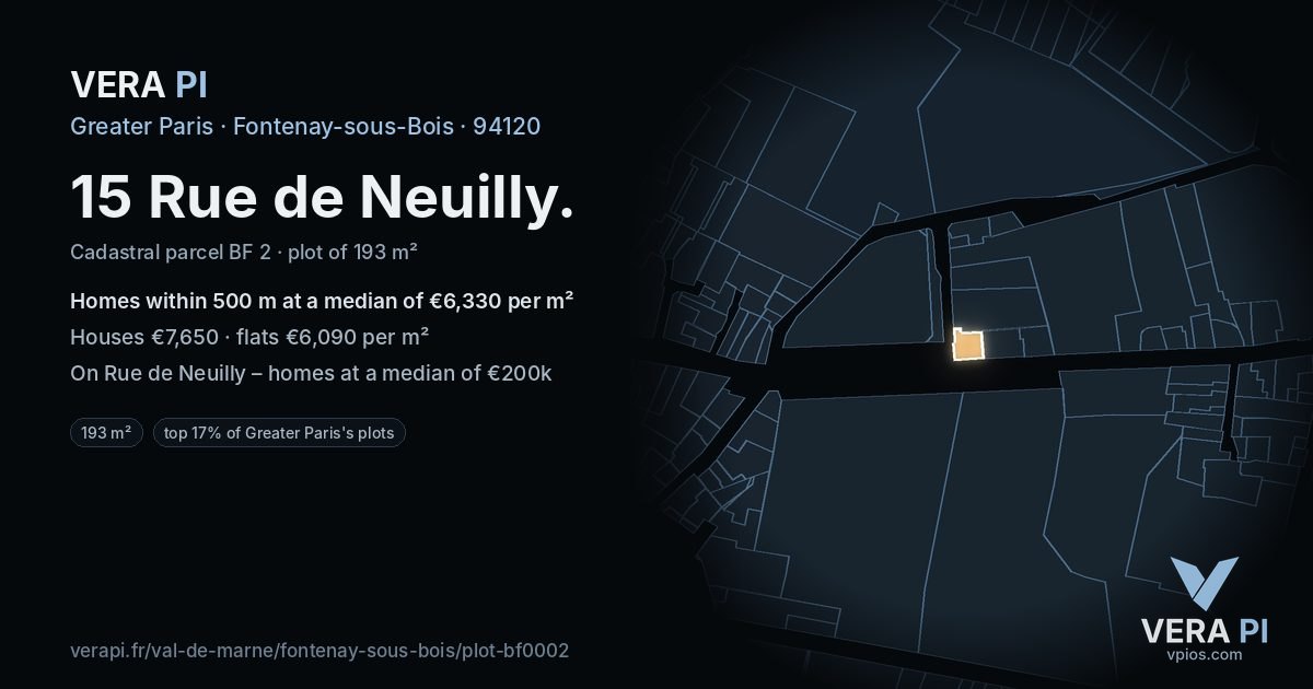 15 Rue de Neuilly, Fontenay-sous-Bois at night – the plot lit, the parcels around coloured by the prices near them