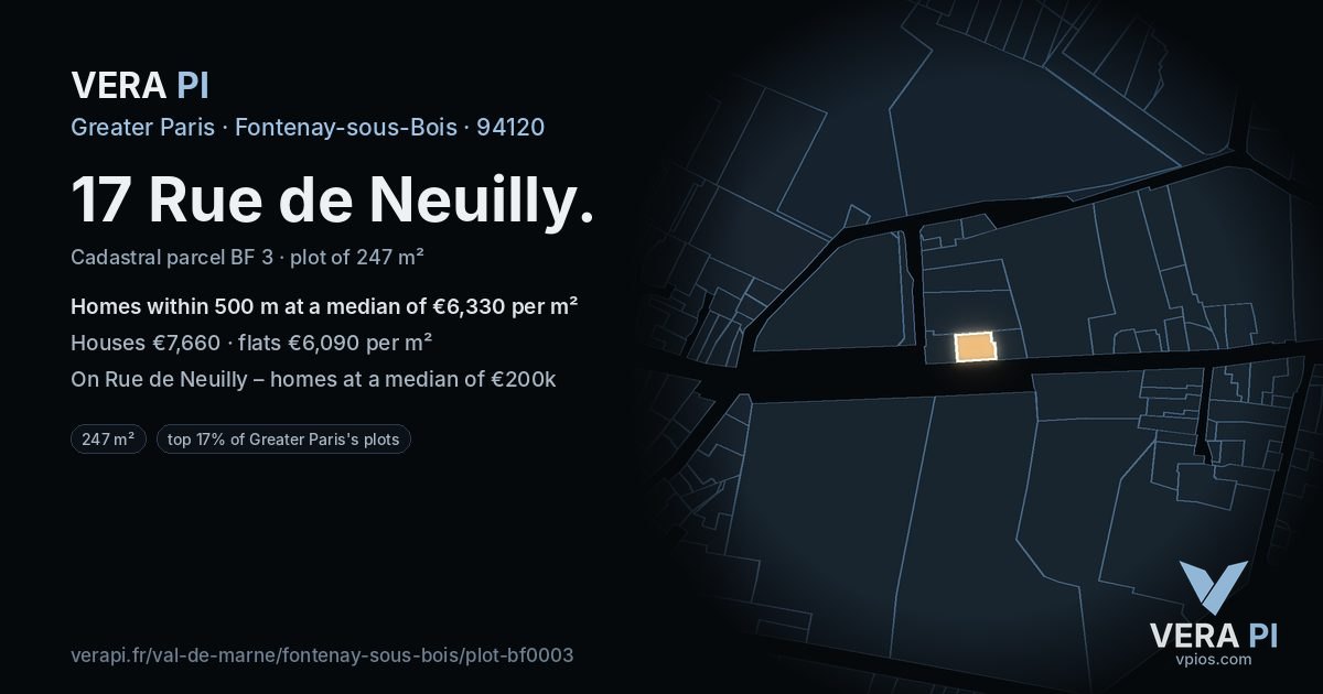 17 Rue de Neuilly, Fontenay-sous-Bois at night – the plot lit, the parcels around coloured by the prices near them