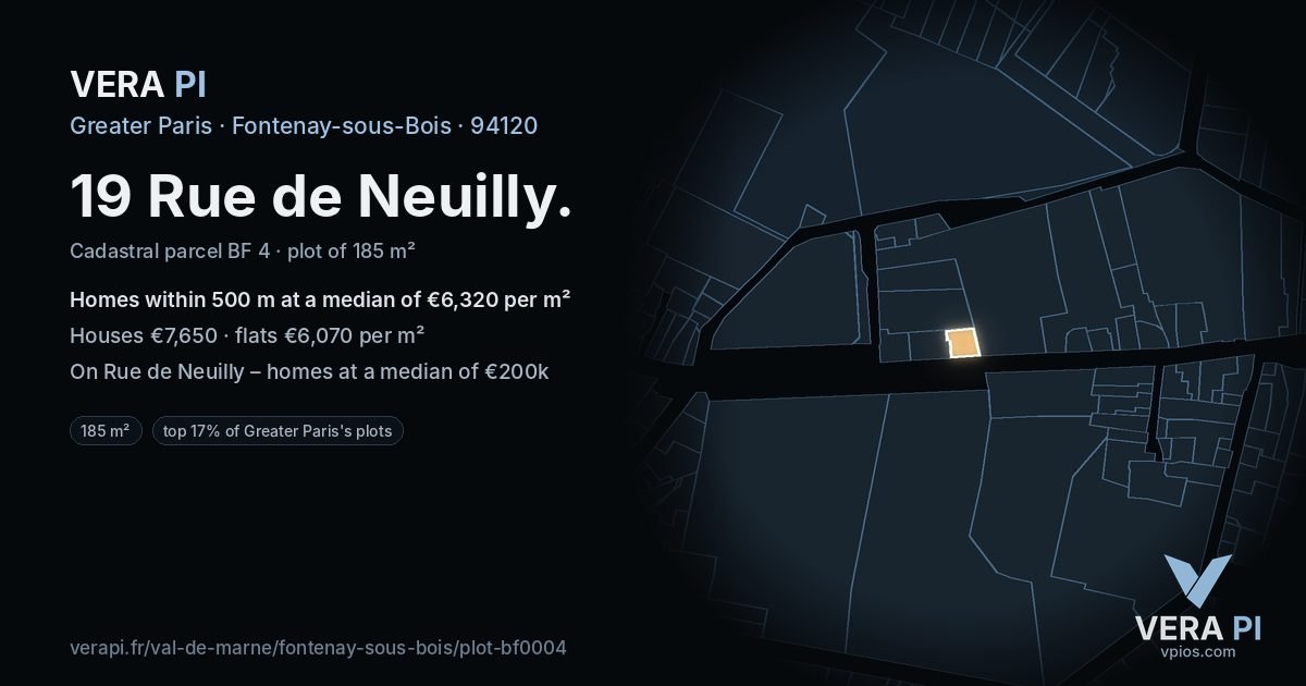 19 Rue de Neuilly, Fontenay-sous-Bois at night – the plot lit, the parcels around coloured by the prices near them