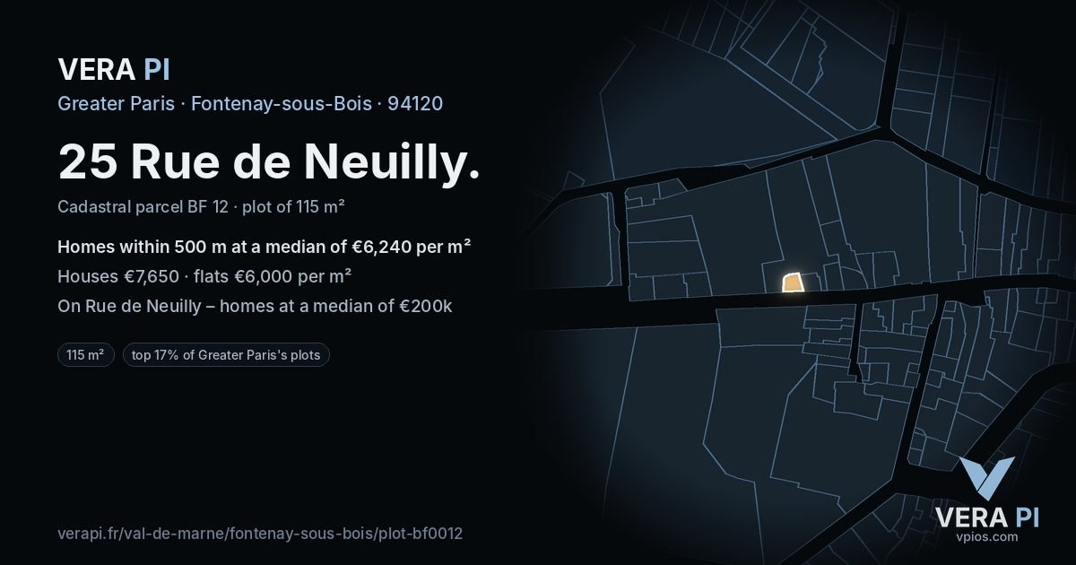 25 Rue de Neuilly, Fontenay-sous-Bois at night – the plot lit, the parcels around coloured by the prices near them