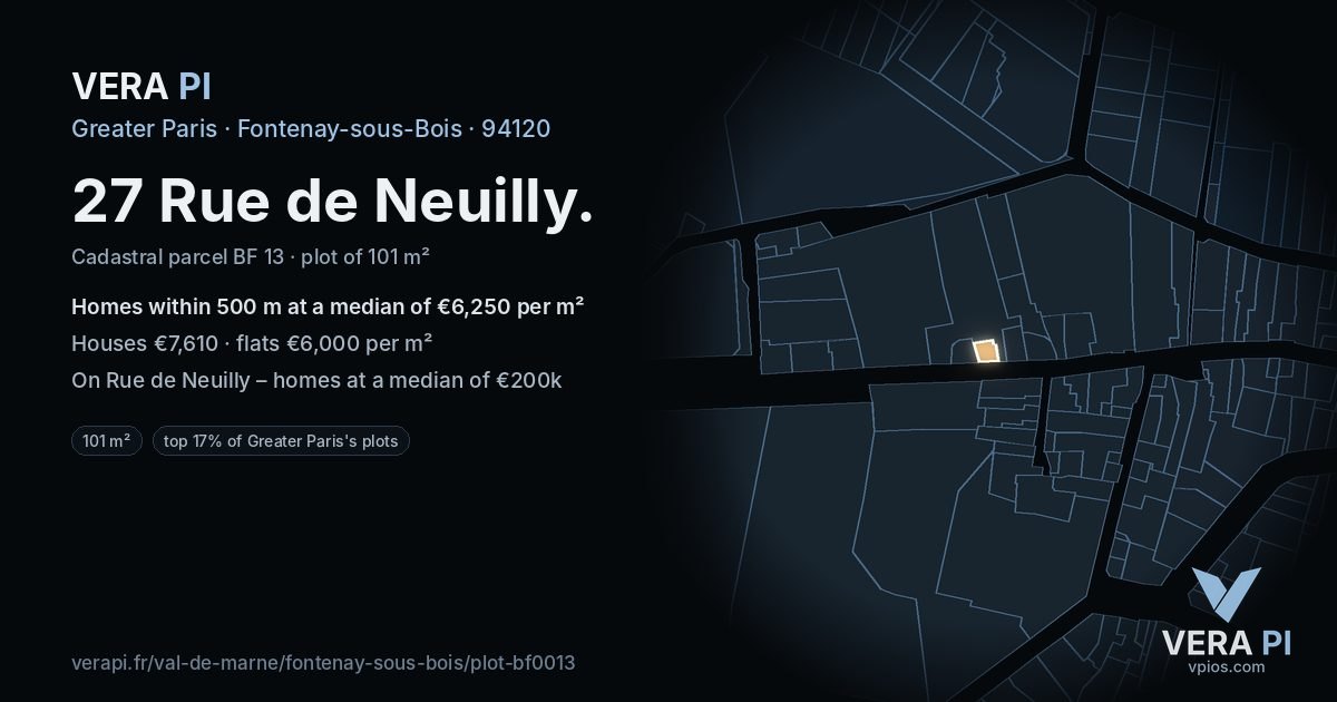 27 Rue de Neuilly, Fontenay-sous-Bois at night – the plot lit, the parcels around coloured by the prices near them