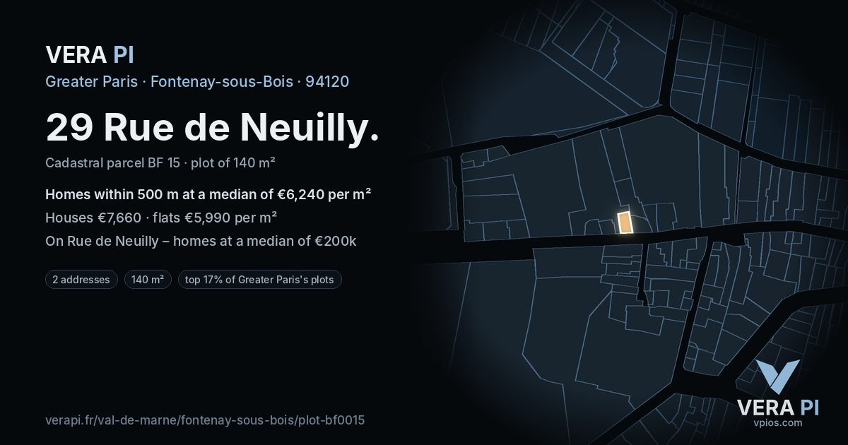 29 Rue de Neuilly, Fontenay-sous-Bois at night – the plot lit, the parcels around coloured by the prices near them