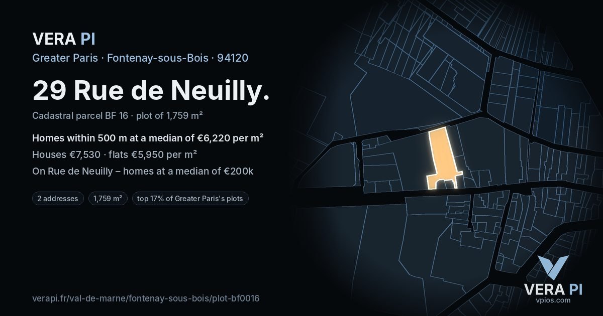 29 Rue de Neuilly, Fontenay-sous-Bois at night – the plot lit, the parcels around coloured by the prices near them