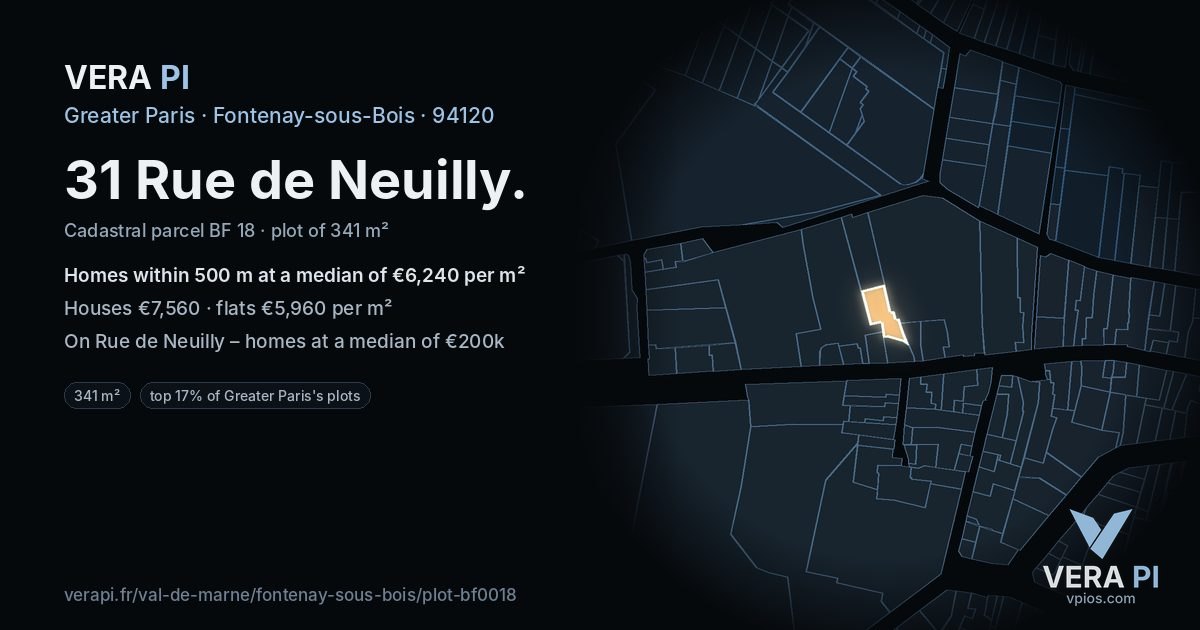31 Rue de Neuilly, Fontenay-sous-Bois at night – the plot lit, the parcels around coloured by the prices near them