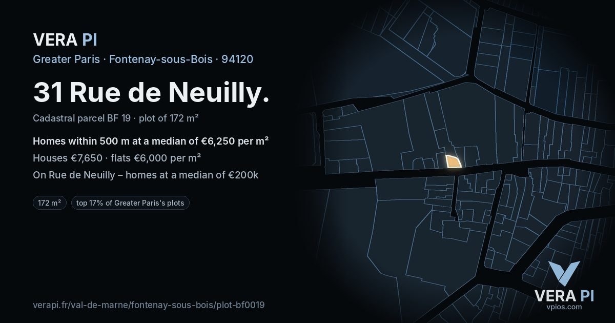 31 Rue de Neuilly, Fontenay-sous-Bois at night – the plot lit, the parcels around coloured by the prices near them