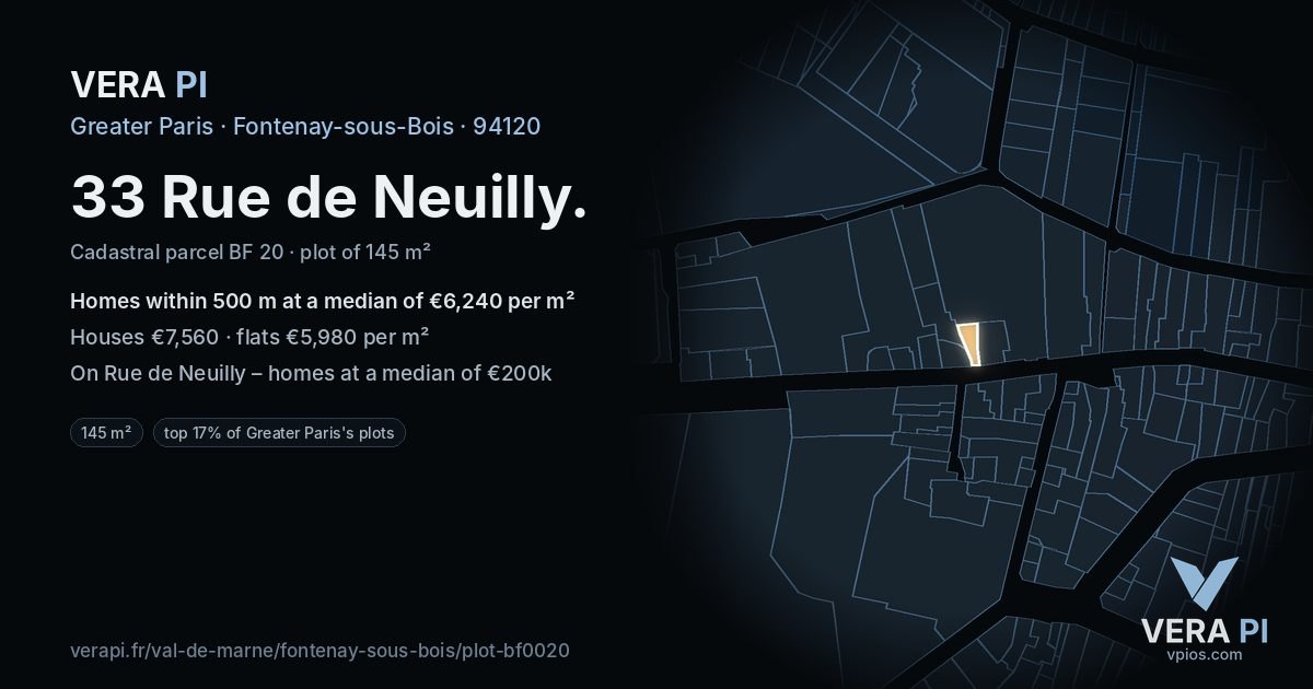 33 Rue de Neuilly, Fontenay-sous-Bois at night – the plot lit, the parcels around coloured by the prices near them