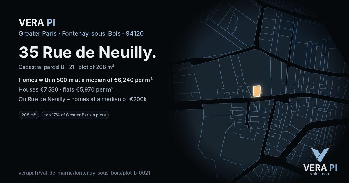 35 Rue de Neuilly, Fontenay-sous-Bois at night – the plot lit, the parcels around coloured by the prices near them