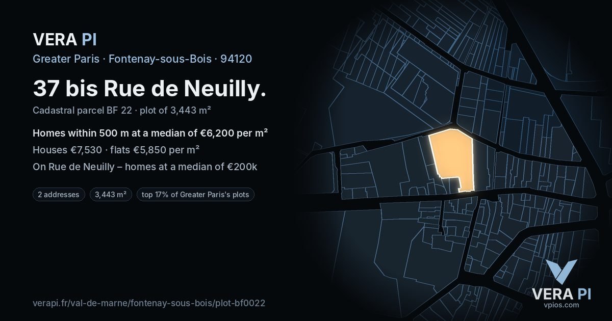 37 bis Rue de Neuilly, Fontenay-sous-Bois at night – the plot lit, the parcels around coloured by the prices near them