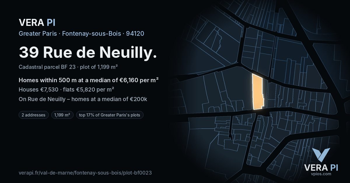 39 Rue de Neuilly, Fontenay-sous-Bois at night – the plot lit, the parcels around coloured by the prices near them