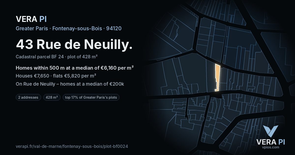 43 Rue de Neuilly, Fontenay-sous-Bois at night – the plot lit, the parcels around coloured by the prices near them