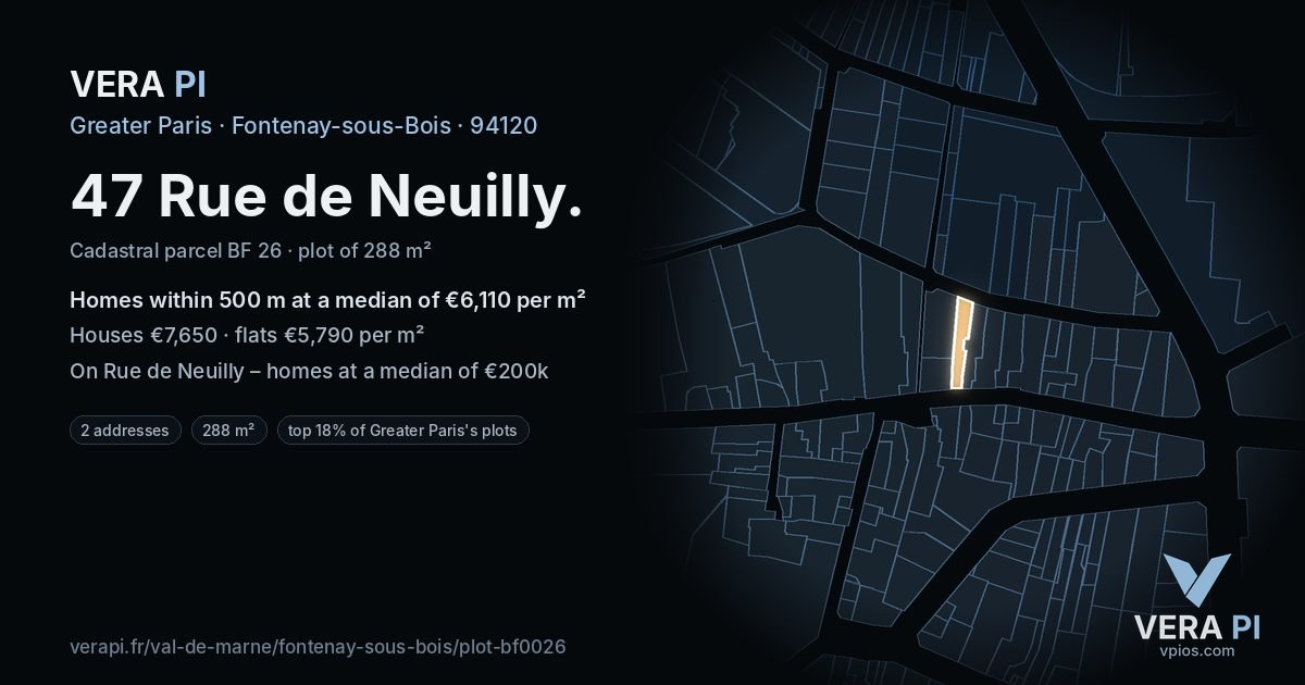 47 Rue de Neuilly, Fontenay-sous-Bois at night – the plot lit, the parcels around coloured by the prices near them