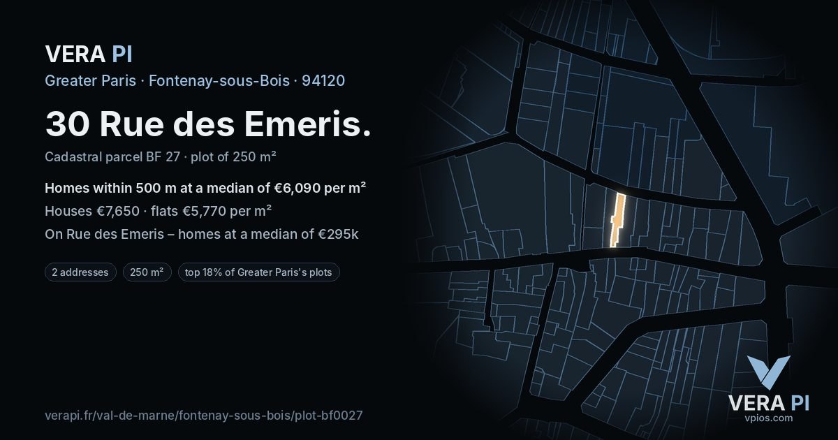 30 Rue des Emeris, Fontenay-sous-Bois at night – the plot lit, the parcels around coloured by the prices near them