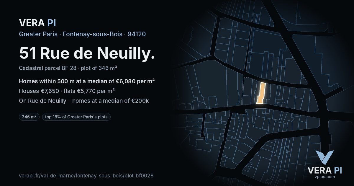 51 Rue de Neuilly, Fontenay-sous-Bois at night – the plot lit, the parcels around coloured by the prices near them