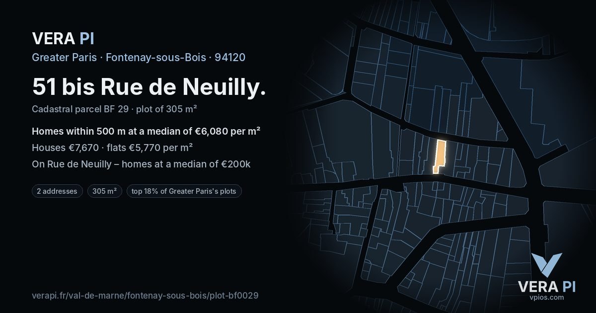 51 bis Rue de Neuilly, Fontenay-sous-Bois at night – the plot lit, the parcels around coloured by the prices near them