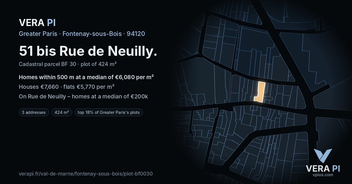 51 bis Rue de Neuilly, Fontenay-sous-Bois at night – the plot lit, the parcels around coloured by the prices near them