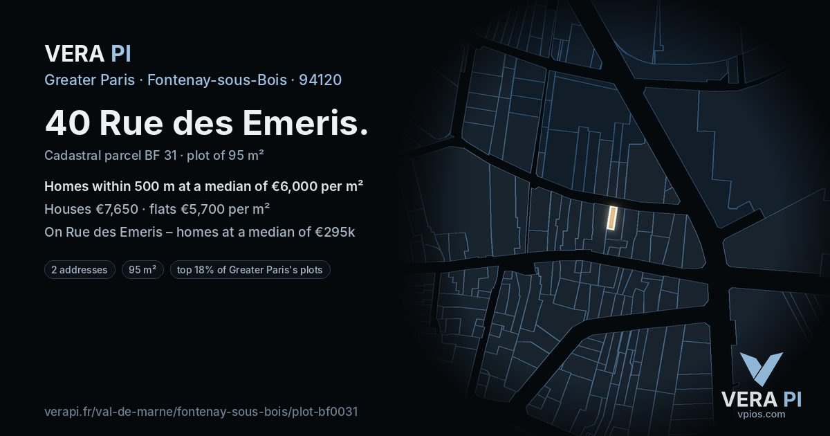 40 Rue des Emeris, Fontenay-sous-Bois at night – the plot lit, the parcels around coloured by the prices near them