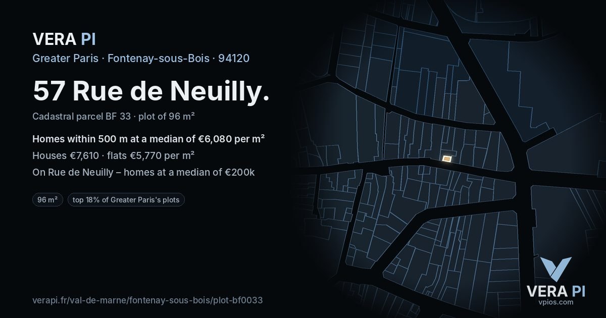 57 Rue de Neuilly, Fontenay-sous-Bois at night – the plot lit, the parcels around coloured by the prices near them