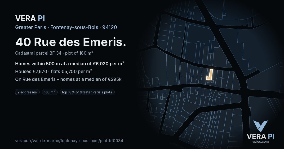 40 Rue des Emeris, Fontenay-sous-Bois at night – the plot lit, the parcels around coloured by the prices near them