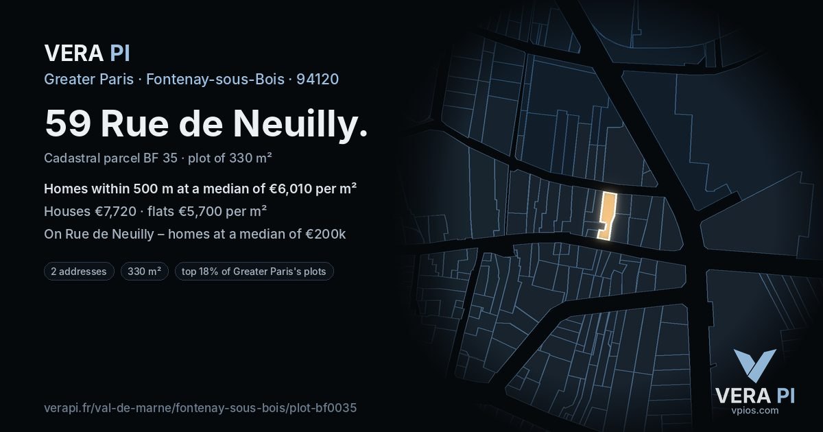 59 Rue de Neuilly, Fontenay-sous-Bois at night – the plot lit, the parcels around coloured by the prices near them