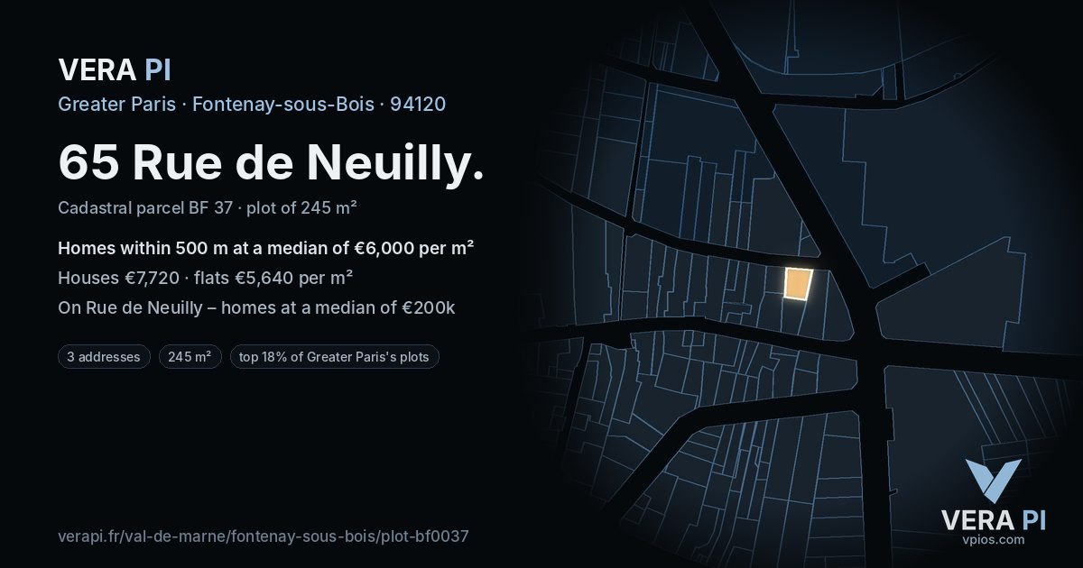 65 Rue de Neuilly, Fontenay-sous-Bois at night – the plot lit, the parcels around coloured by the prices near them
