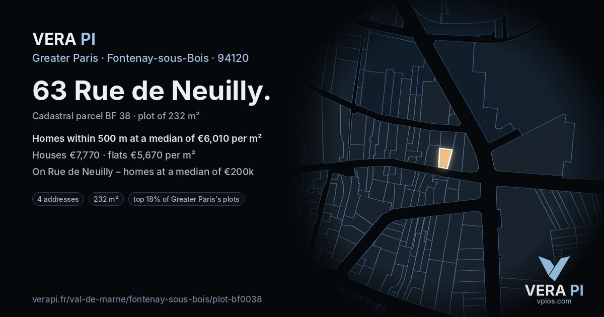 63 Rue de Neuilly, Fontenay-sous-Bois at night – the plot lit, the parcels around coloured by the prices near them