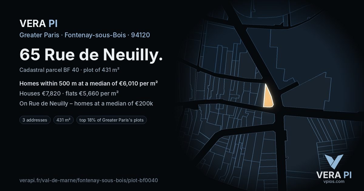 65 Rue de Neuilly, Fontenay-sous-Bois at night – the plot lit, the parcels around coloured by the prices near them