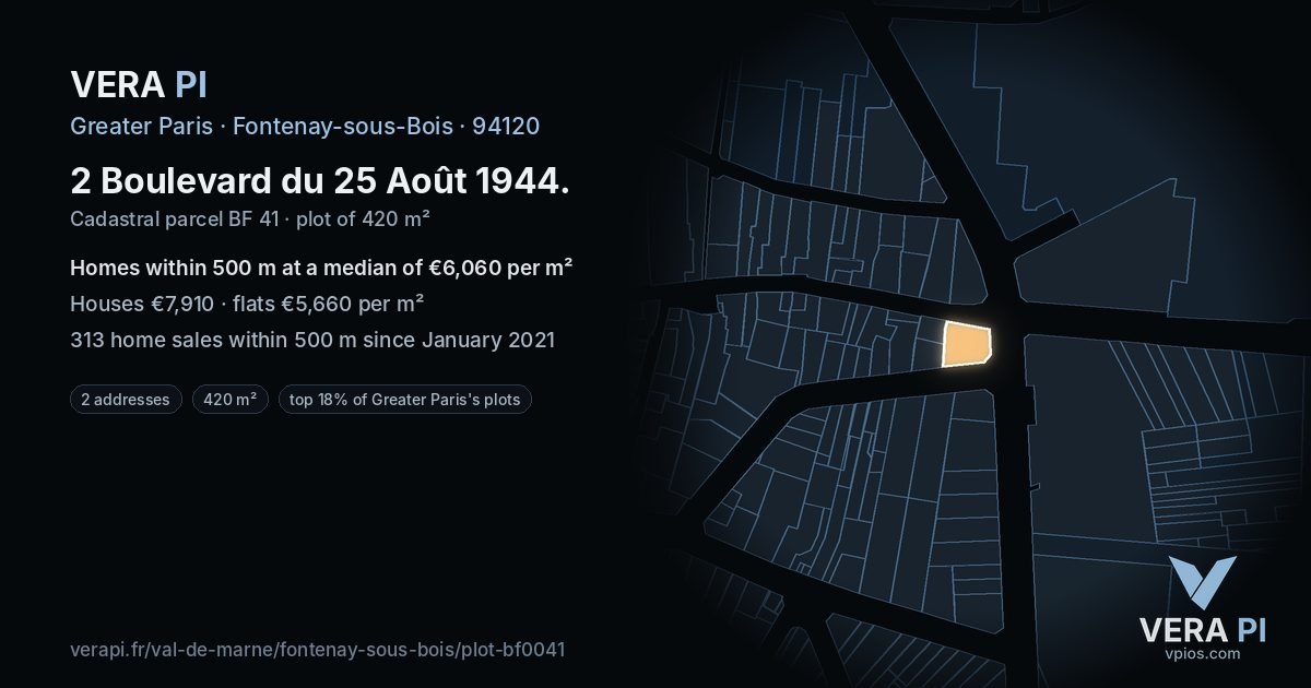 2 Boulevard du 25 Août 1944, Fontenay-sous-Bois at night – the plot lit, the parcels around coloured by the prices near them