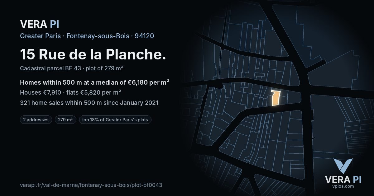 15 Rue de la Planche, Fontenay-sous-Bois at night – the plot lit, the parcels around coloured by the prices near them