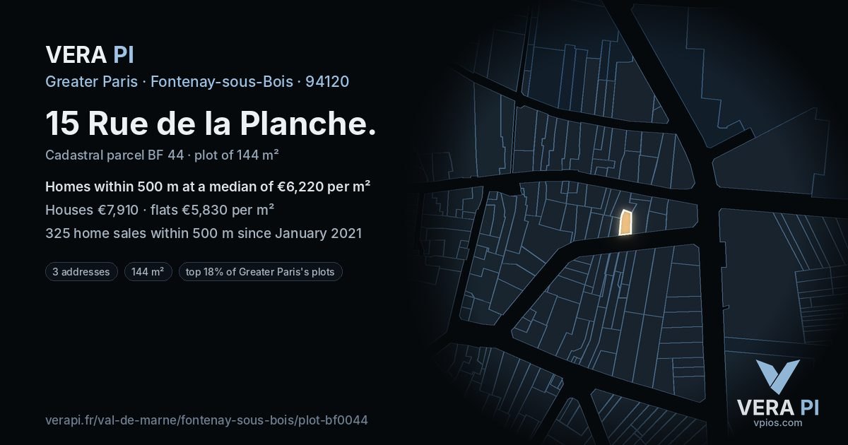 15 Rue de la Planche, Fontenay-sous-Bois at night – the plot lit, the parcels around coloured by the prices near them