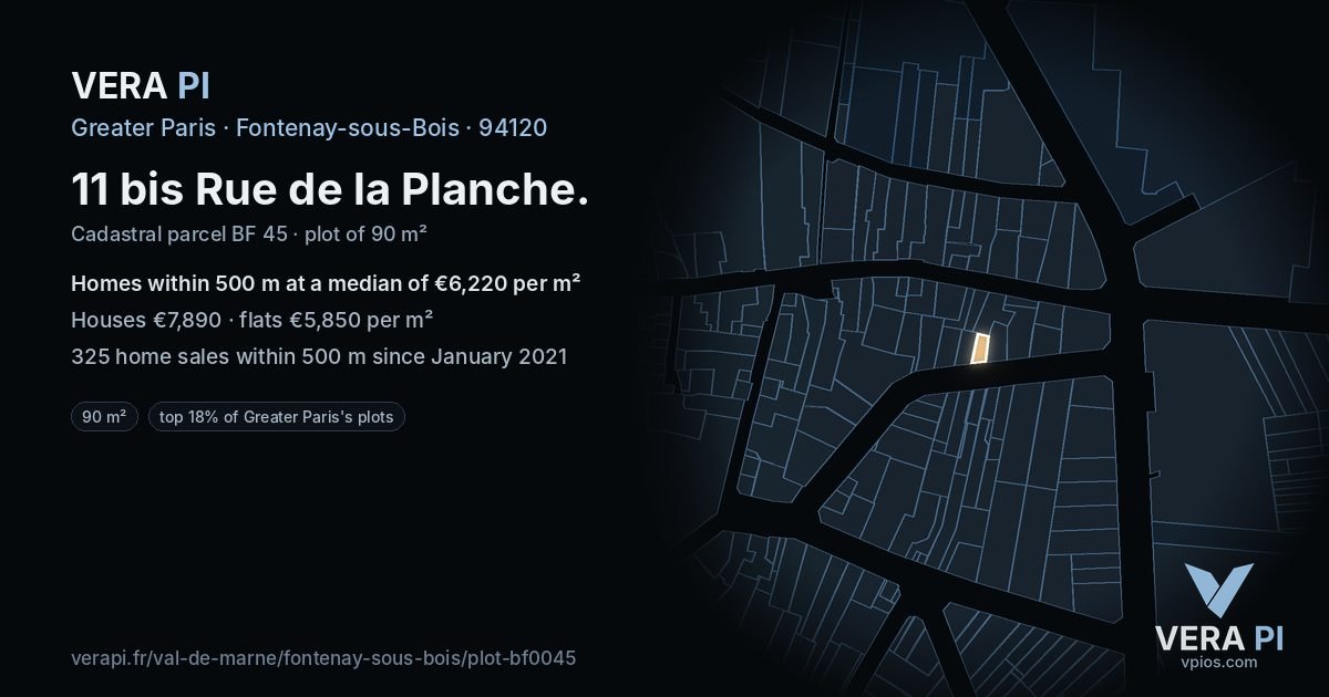 11 bis Rue de la Planche, Fontenay-sous-Bois at night – the plot lit, the parcels around coloured by the prices near them