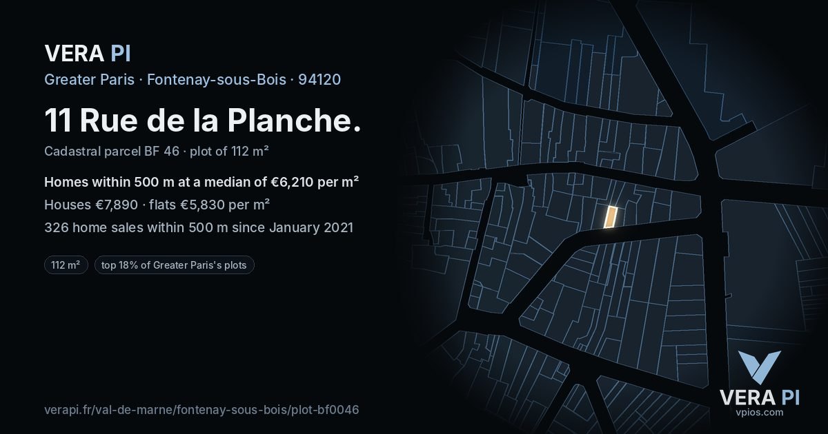 11 Rue de la Planche, Fontenay-sous-Bois at night – the plot lit, the parcels around coloured by the prices near them