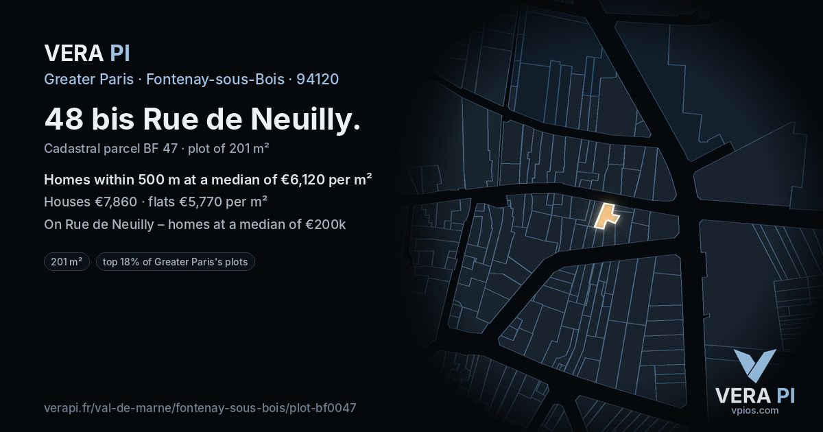48 bis Rue de Neuilly, Fontenay-sous-Bois at night – the plot lit, the parcels around coloured by the prices near them