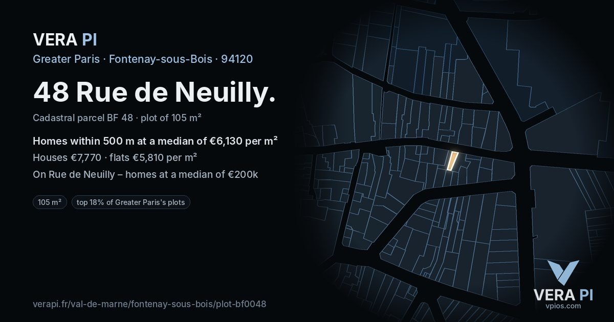 48 Rue de Neuilly, Fontenay-sous-Bois at night – the plot lit, the parcels around coloured by the prices near them
