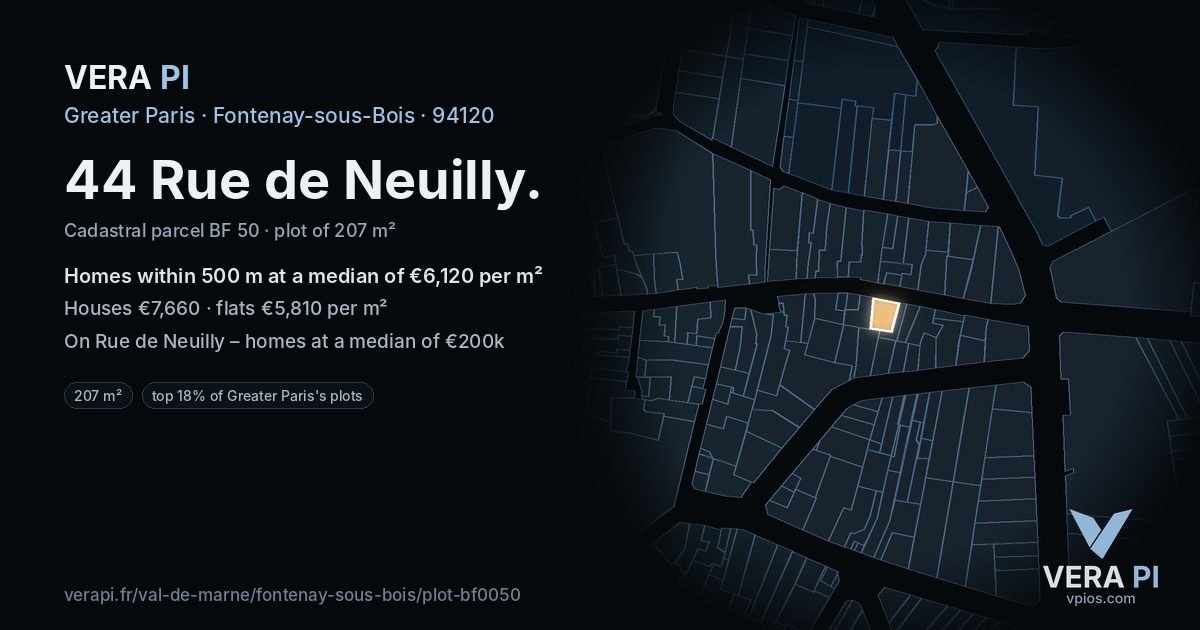 44 Rue de Neuilly, Fontenay-sous-Bois at night – the plot lit, the parcels around coloured by the prices near them