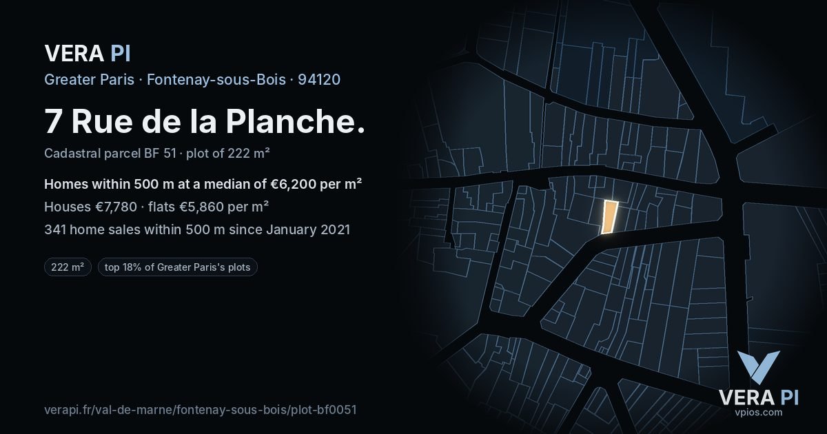 7 Rue de la Planche, Fontenay-sous-Bois at night – the plot lit, the parcels around coloured by the prices near them