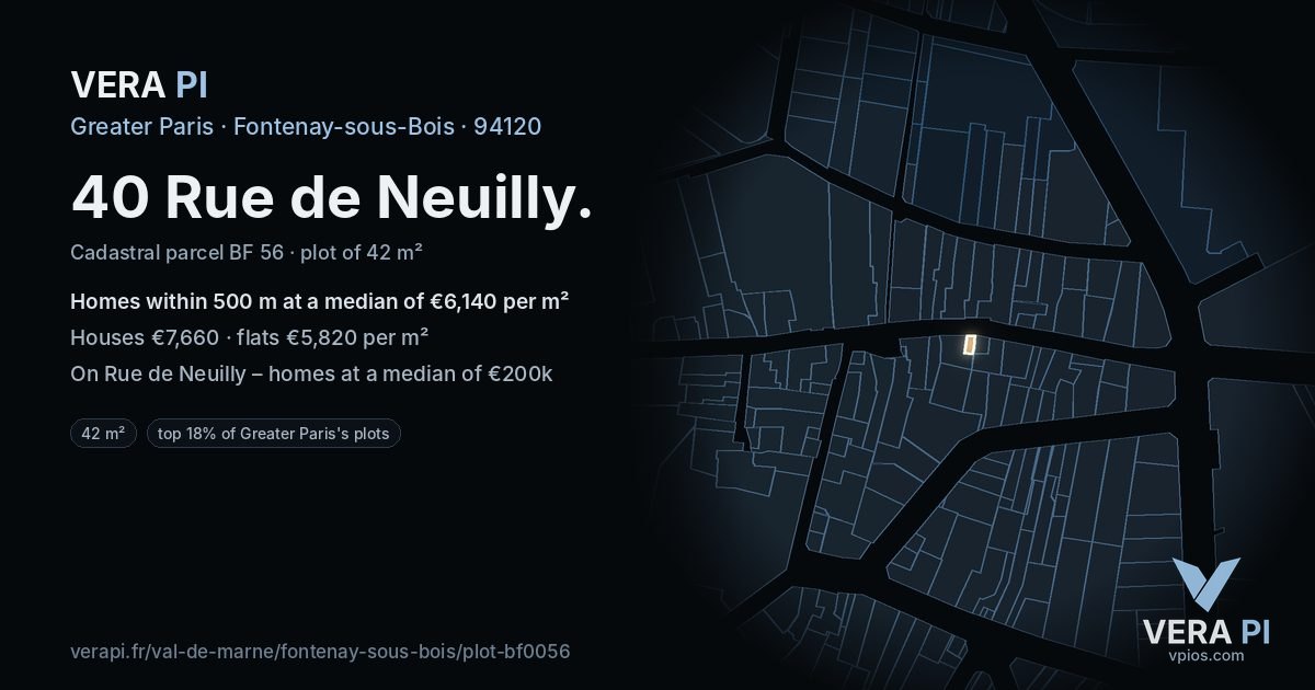 40 Rue de Neuilly, Fontenay-sous-Bois at night – the plot lit, the parcels around coloured by the prices near them