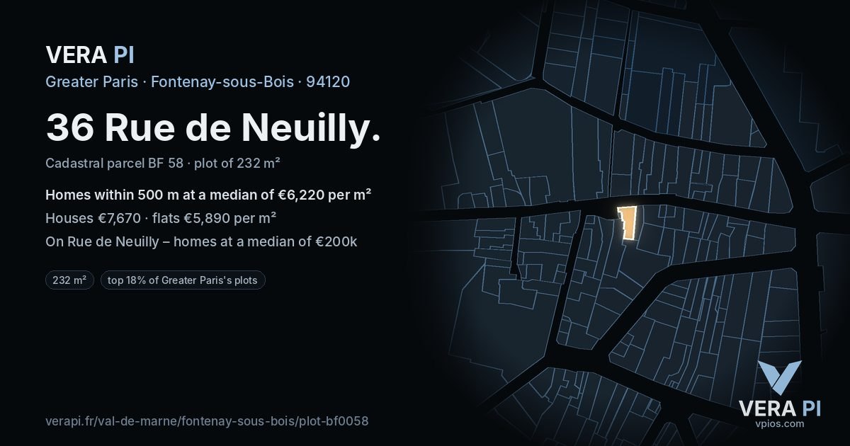 36 Rue de Neuilly, Fontenay-sous-Bois at night – the plot lit, the parcels around coloured by the prices near them