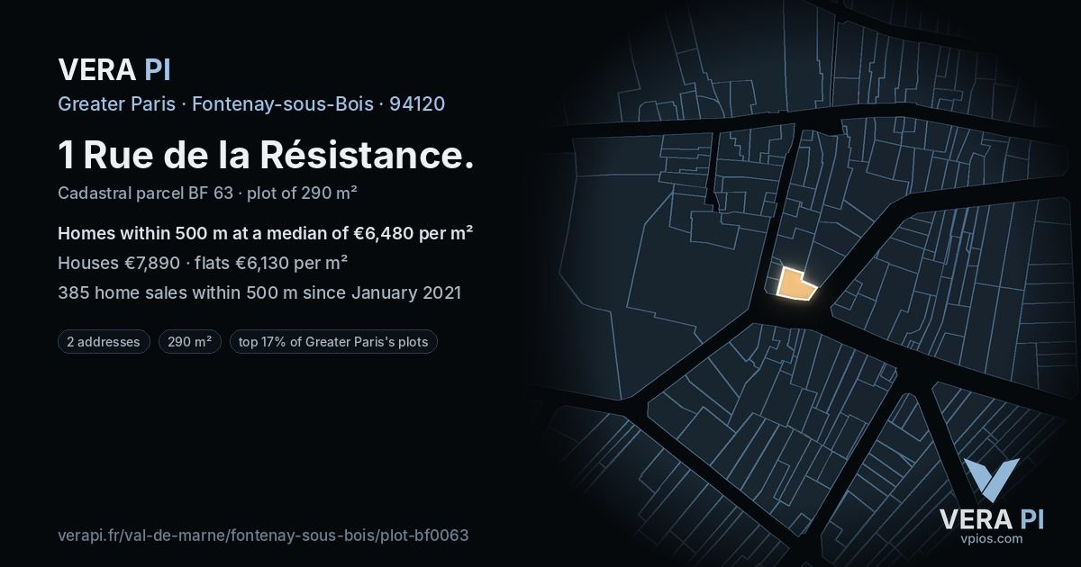 1 Rue de la Résistance, Fontenay-sous-Bois at night – the plot lit, the parcels around coloured by the prices near them