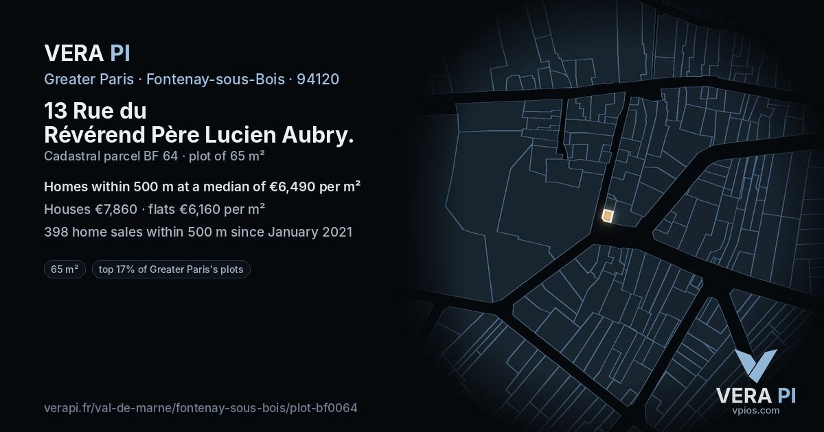 13 Rue du Révérend Père Lucien Aubry, Fontenay-sous-Bois at night – the plot lit, the parcels around coloured by the prices near them