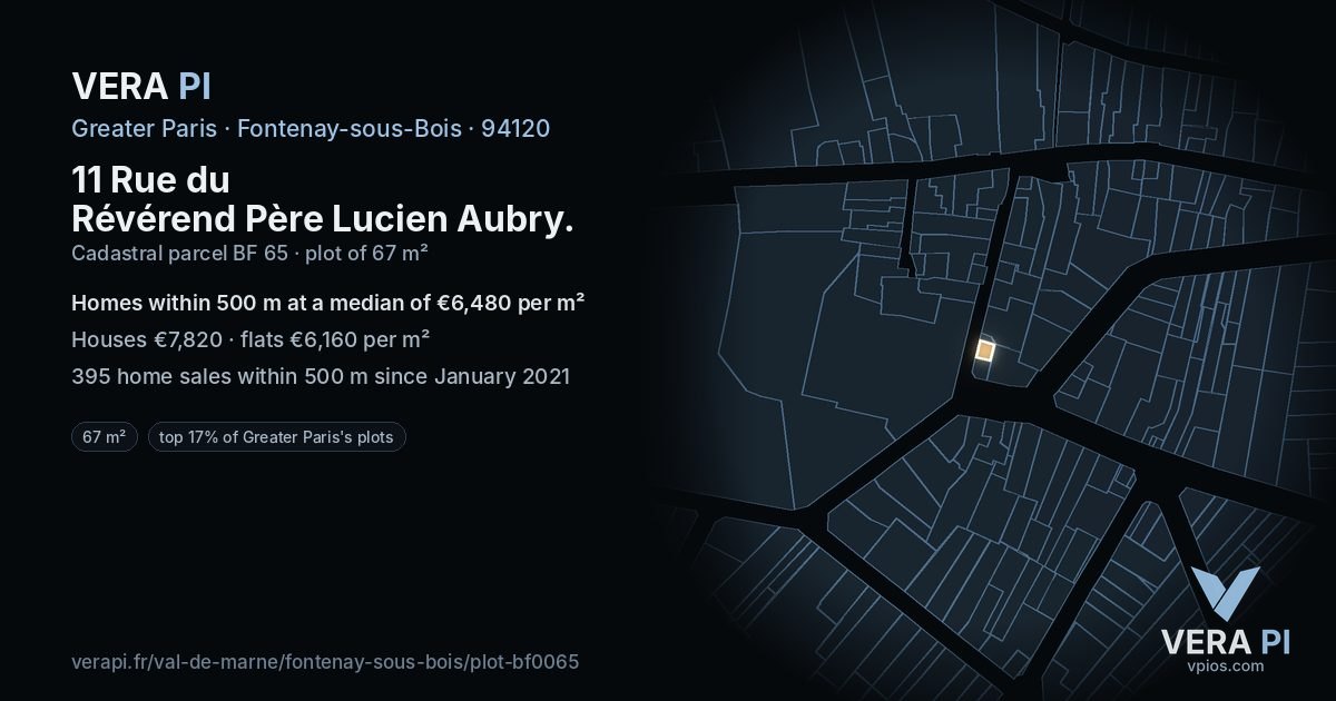 11 Rue du Révérend Père Lucien Aubry, Fontenay-sous-Bois at night – the plot lit, the parcels around coloured by the prices near them