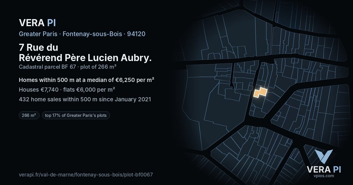 7 Rue du Révérend Père Lucien Aubry, Fontenay-sous-Bois at night – the plot lit, the parcels around coloured by the prices near them
